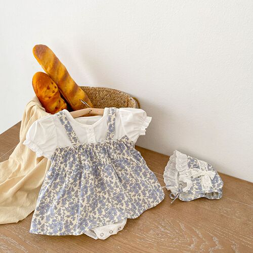 ins  summer full month baby baby clothes small floral flower princess fake two-piece triangle harem dress with hat