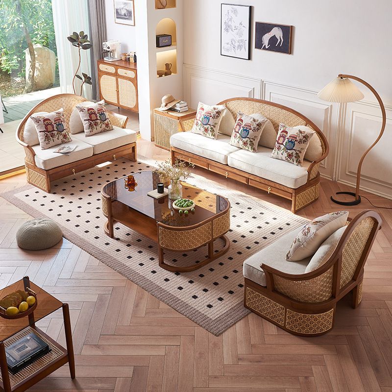 Combination Nordic small apartment home ash wood coffee table with rattan weave, light luxury living room modern Chinese style simple solid wood sofa