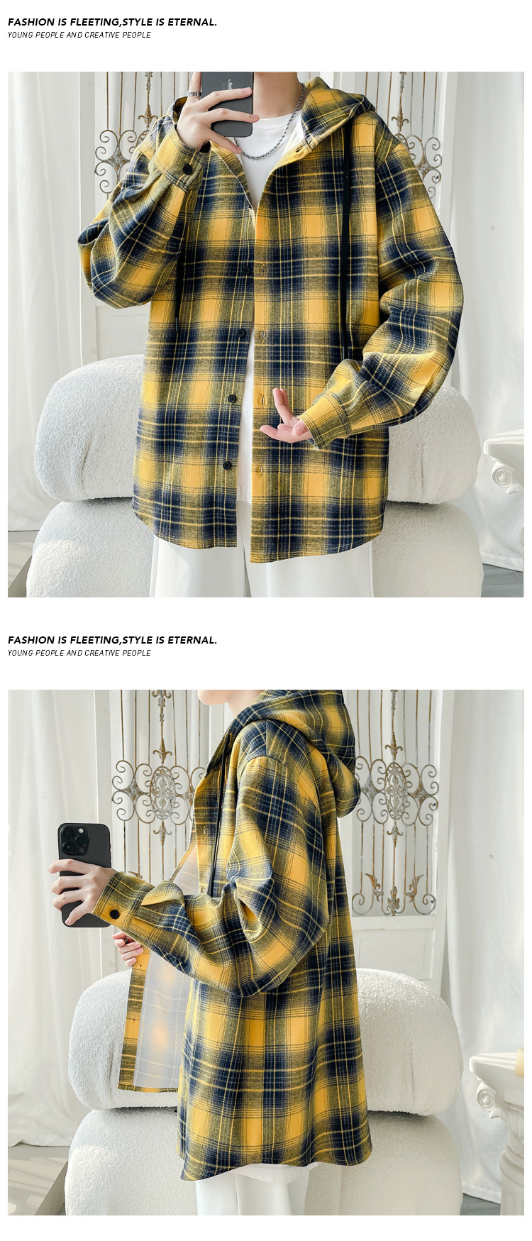 Plaid Hooded Shirt Jacket For Men American Retro Style Oversized_voghion.com