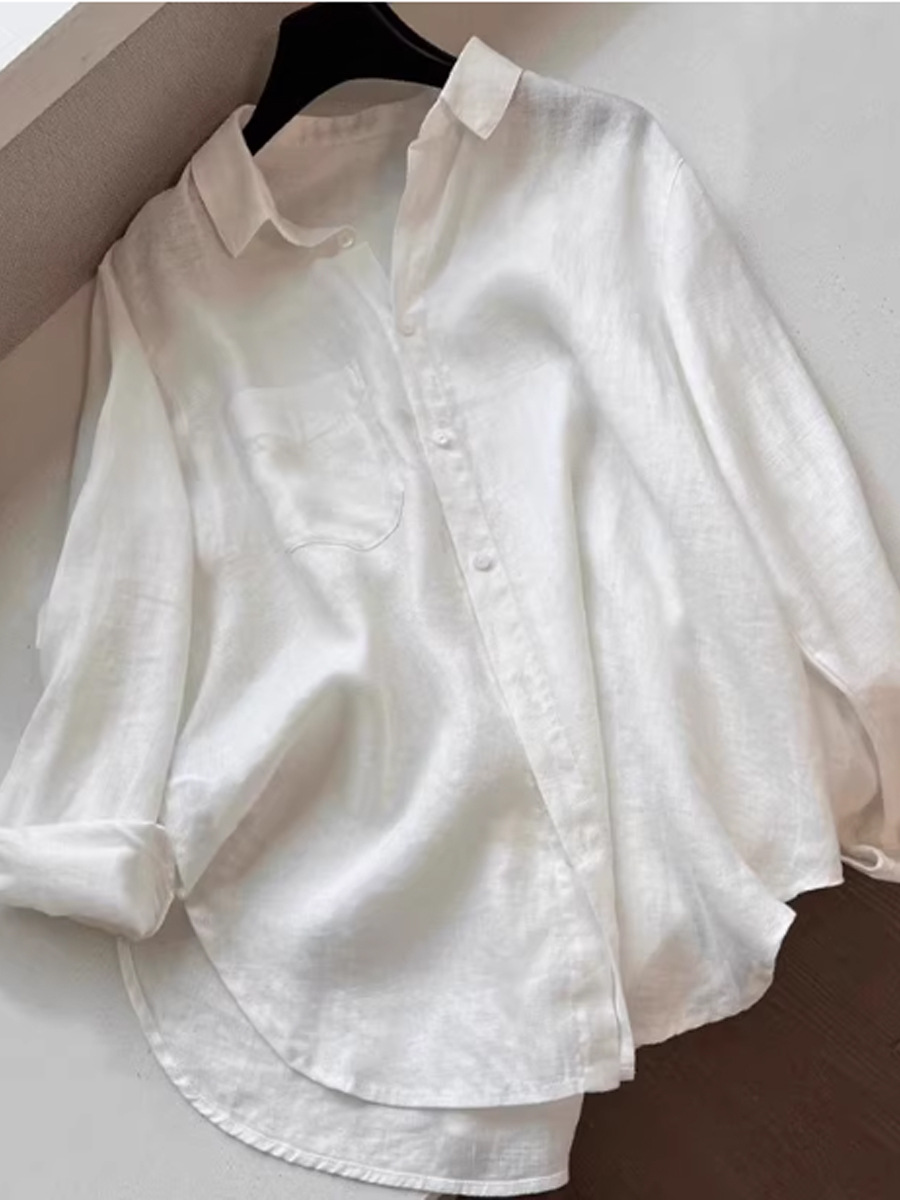 Áo sơ mi nữ linen trắng tay rộng phong cách Old Money — màu trắng