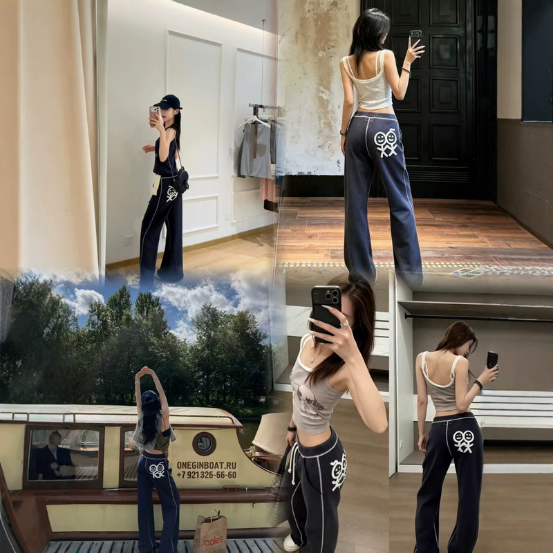 26 High-End Version Stickman Sweatpants with Patch Embroidery, Drawstring, Low Waist, Slightly Flared Casual Urban Pants, Slimming Sweatpants