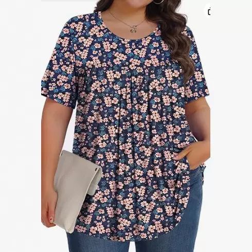 2025外贸跨境新款外贸休闲圆领短袖套头大码花卉印花女式上衣T恤