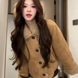 复古加绒加厚麂皮棉衣外套女冬季2025新款小个子翻领保暖短款上衣