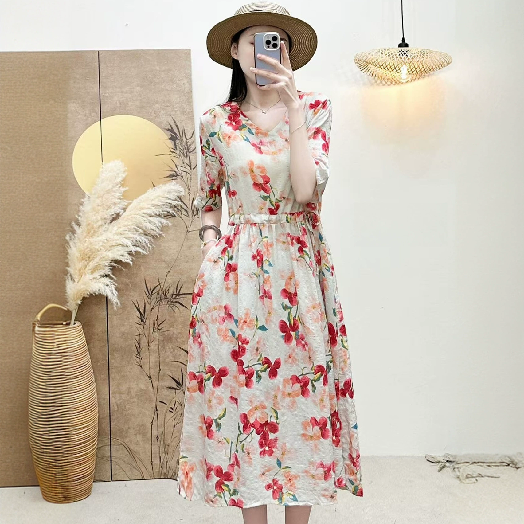 2025 новое платье с длинными рукавами, модное новое платье с цветочным принтом, большой размер, юбка средней длины, закрывающая живот, для похудения