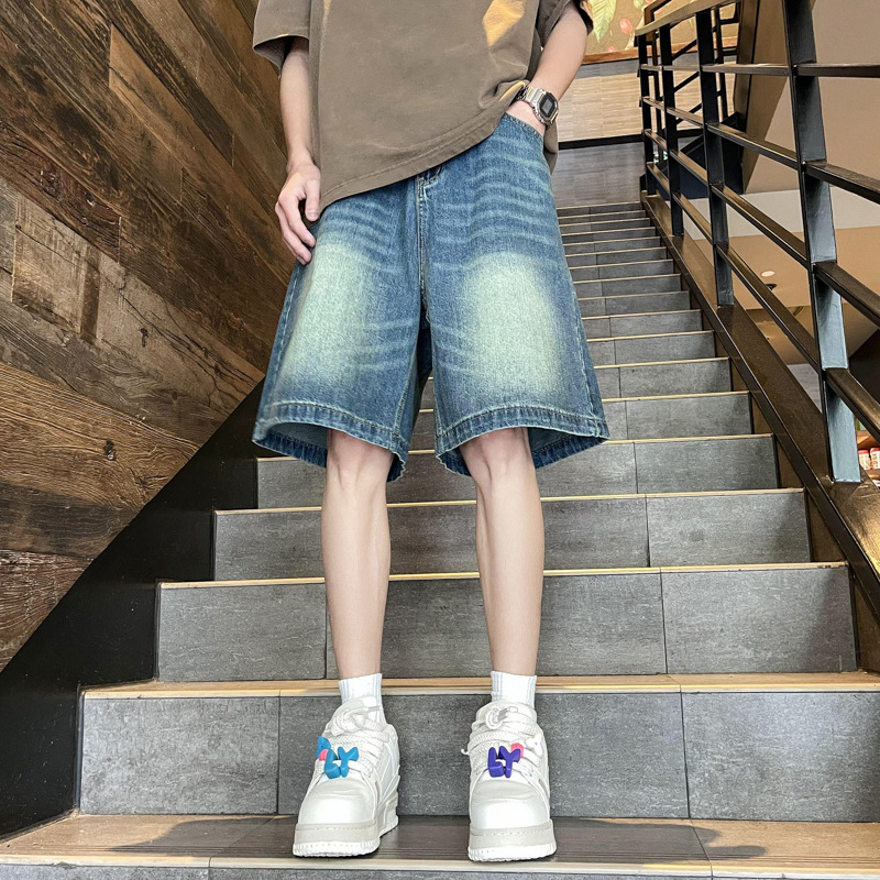 Pantalones cortos de mezclilla rasgados de estilo fino de verano pantalones sueltos retro vibe americanos para hombre