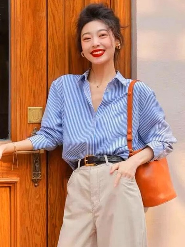 哥家商场同款女装2025早秋新款蓝色条纹衬衫女法式时尚高端衬衣|undefined