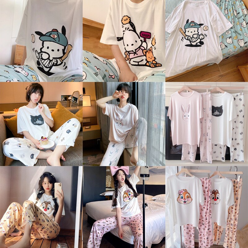 Moe Fun ins Pajamas Girl's Cartoon Baseball Dog 2023 New Sweet Rabbit Short Sleeve Trousers Home Clothes Set
