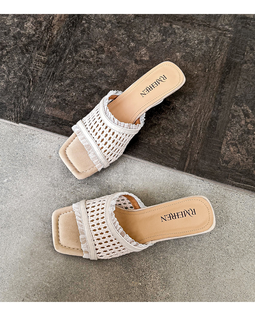 Sandal cao gót nữ quai ngang đan móc hở mũi mũi vuông gót cao — màu đen, màu trắng ngà chi tiết 17