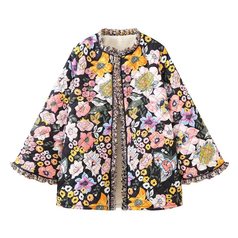 2024 Export Cross-Border European and American Clothing Printed Quilted Cotton Splicing Ruffled Lace Cotton Outwear Jacket 217