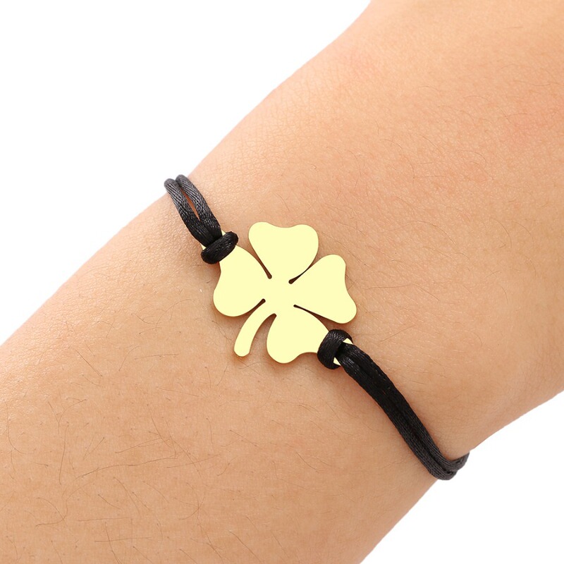Stylish Stainless Steel Clover Pendant Bracelet Hand Woven Lucky Black and Red Rope Poly Gift