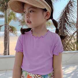 2026夏季韩版百搭女儿童木耳边上衣休闲短袖T恤简约甜美纯色打底
