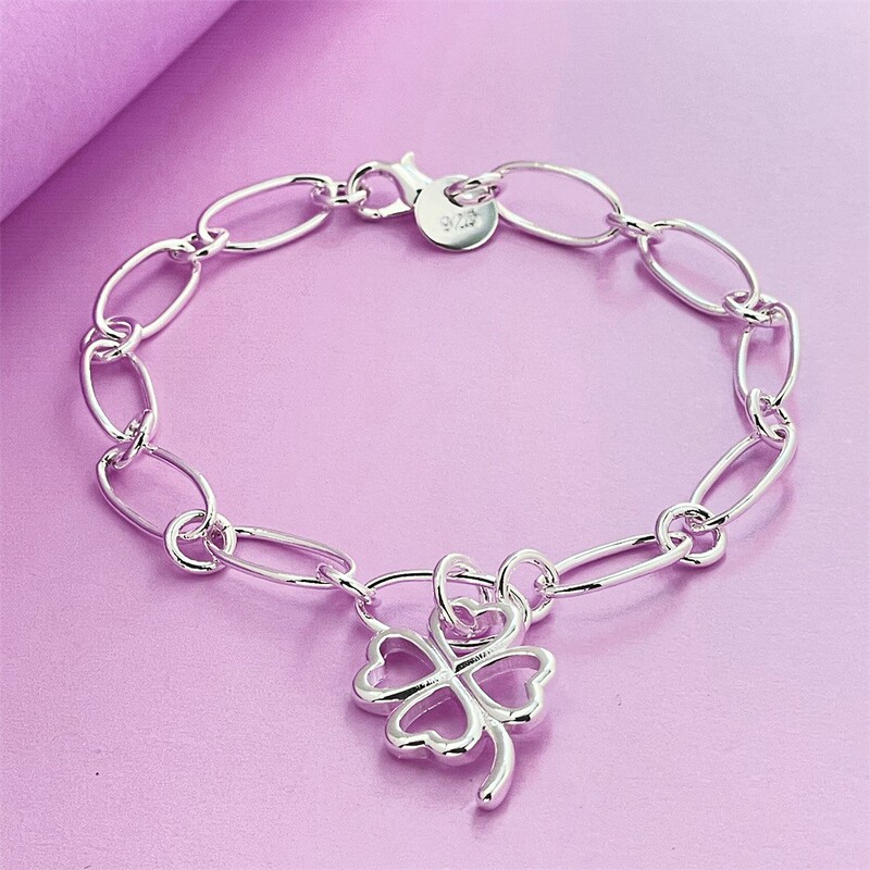 Jinshih Lake 925 Silver-Plated Fashion Four-Leaf Clover Cross Chain Bracelet Foreign Trade Cross-Border Europe and America Tiktok Live