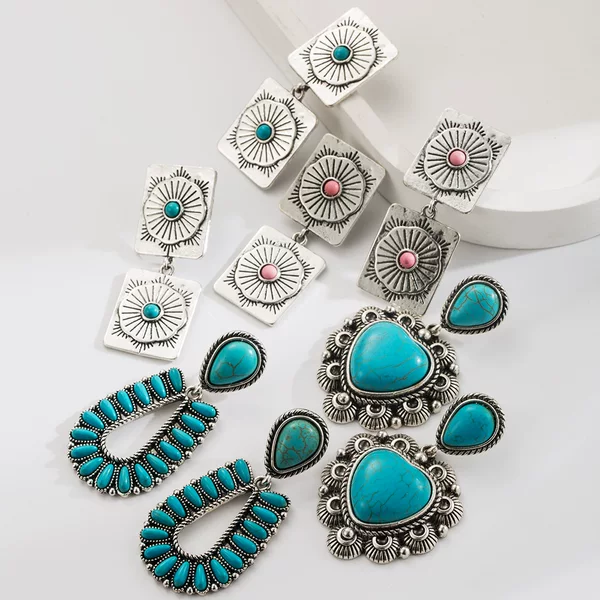Amazon's Best Selling Western Style Turquoise Earrings Exaggerated Elegant Double Layer Square Heart Turquoise Retro Earrings for Women