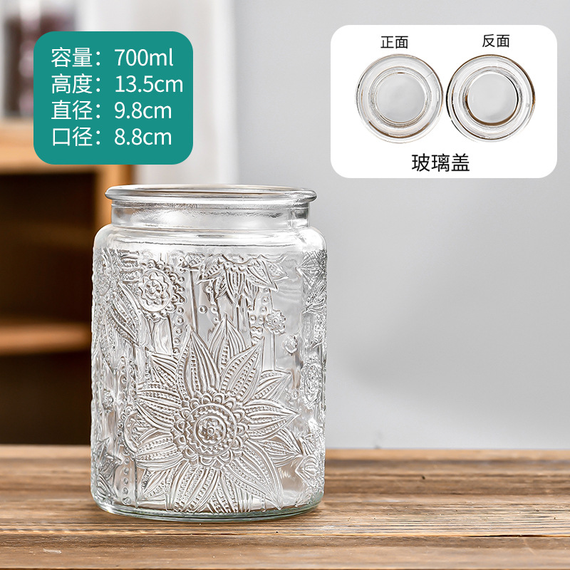 Retro en relieve de vidrio almacenamiento lata de azúcar a prueba de humedad casera frutas secas bocadillos botella de sellado lata de té de vidrio lata de sellado