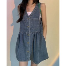 2024夏秋新款法式复古小个子连衣裙女新款韩版气质显瘦V领牛仔背