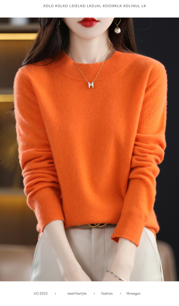 2022 Autumn and winter Cashmere sweater for women, semi-high collar, slimming, pullover, solid color 100 long-sleeved knitted base wool sweater pic 24