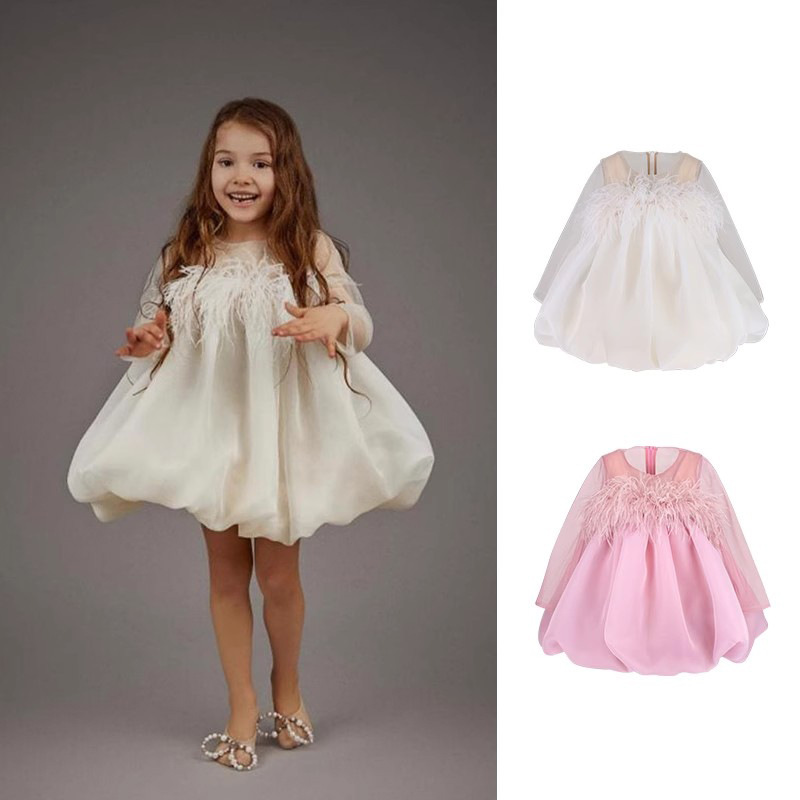 In-Stock Girls' European and American Style Children's Clothing Feather Dress Flower Girl Party Birthday Princess Dress Lace Runway Dress