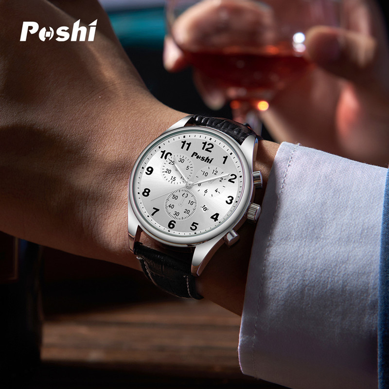 Reloj de negocios para hombres decoración reloj de cuarzo deportivo de tres ojos POSHI moda calendario luminoso cinturón reloj de hombre
