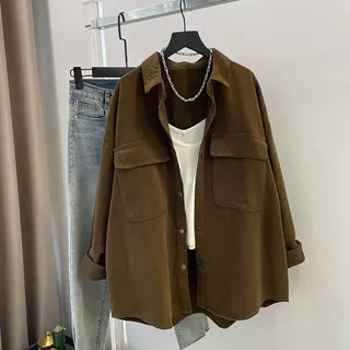 外搭磨毛衬衫女宽松中长款外套春秋新款韩版港味休闲长袖衬衣