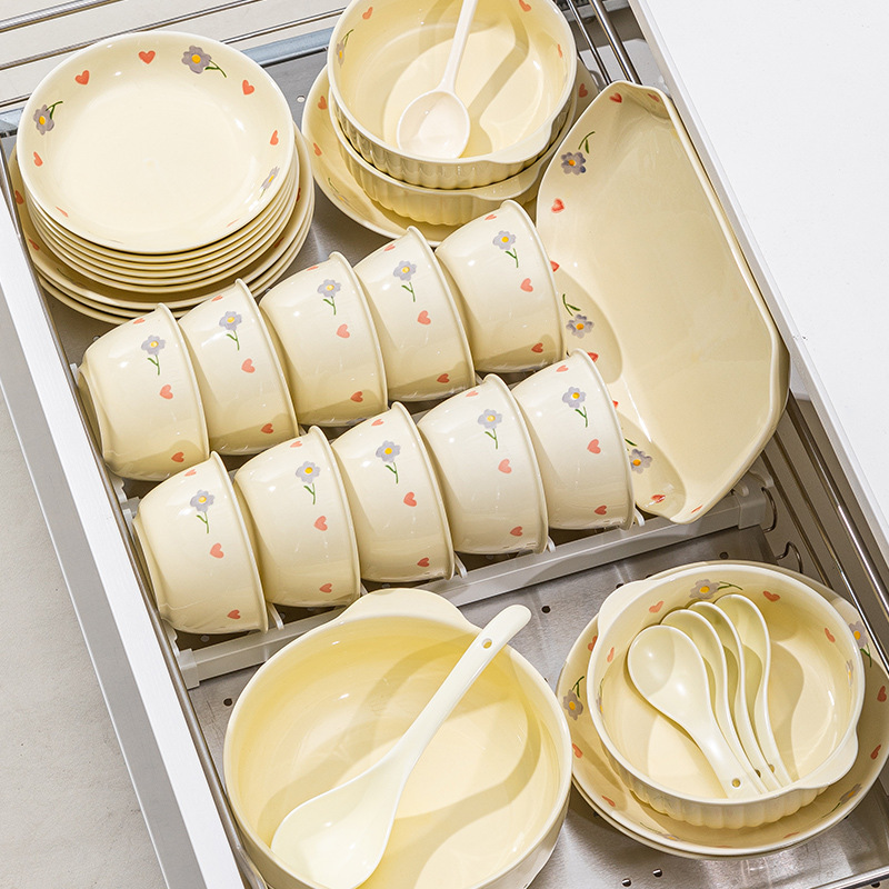 Cream-Style Underglaze Color Bowl and Plate Set for Home Use, Good-Looking Couple Dishes and Plate Set, Home Cute Rice Bowl