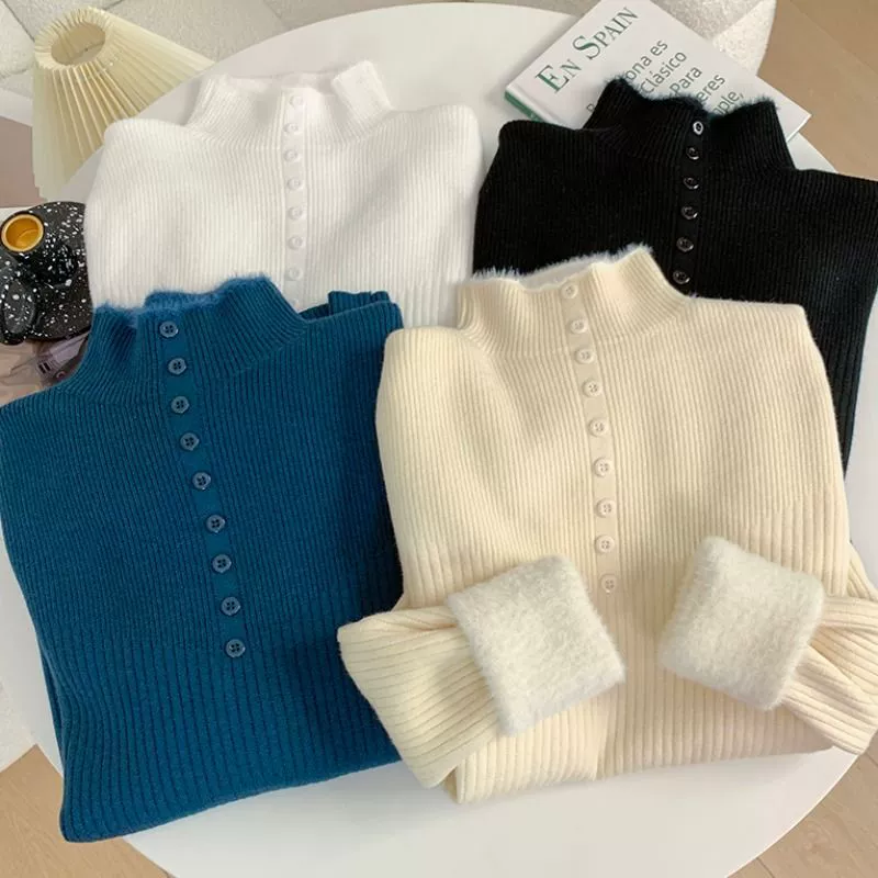 Встроенный бархатный свитер с половиной воротником женский модный