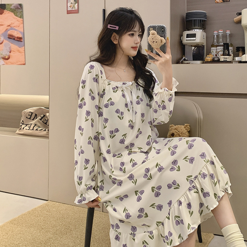 2025 primavera y otoño pijama con cojín de pecho desmontable pijama de mangas largas de lana fresca ropa de hogar larga de niñas estudiantes