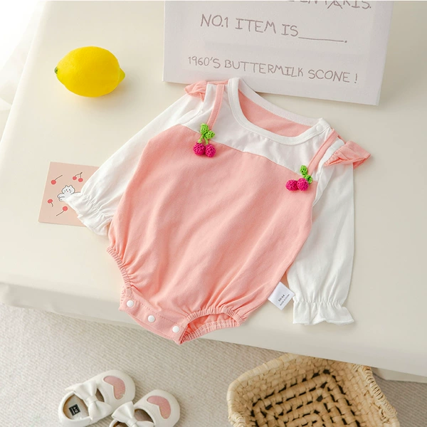 Pink white stitching long-sleeved fart clothes -02