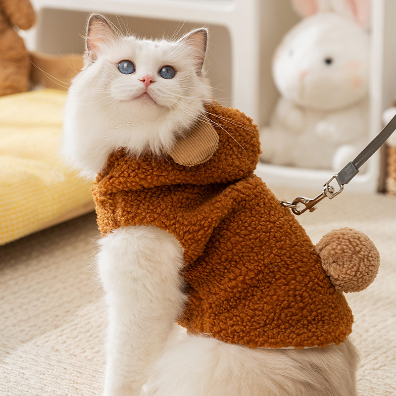 Brown lindo viento pequeño animal estereoscópico orejas cola sin mangas tracción ropa de peluche gato dos patas mascotas suministros para gatos image 3