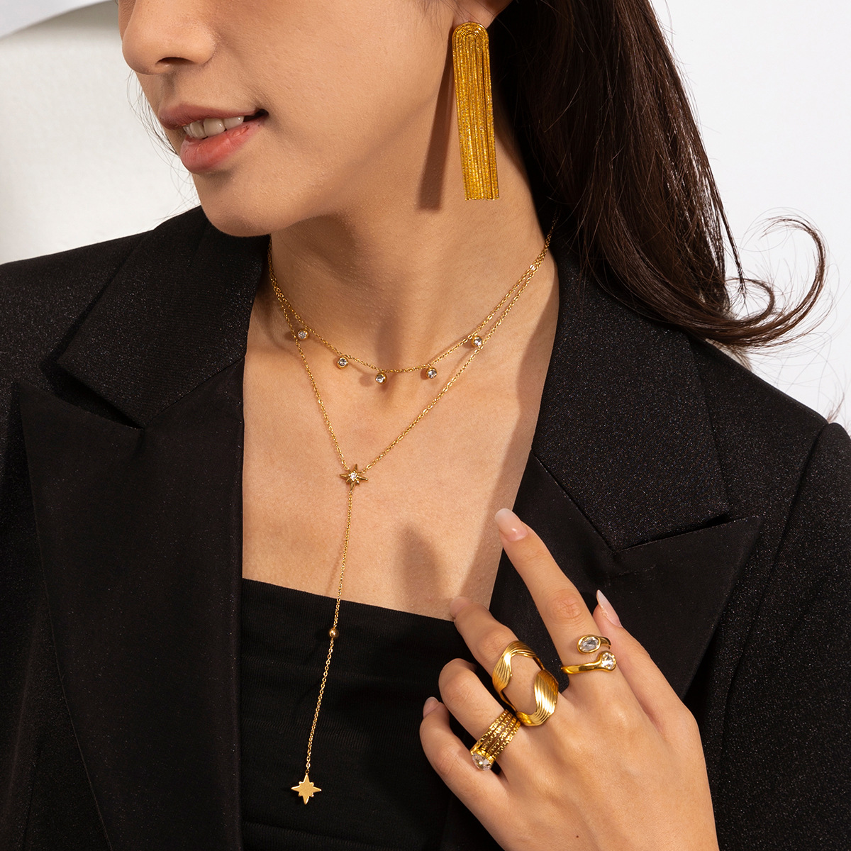 Tiana Europa y América collar de acero inoxidable lujo ligero nicho Zhongzhong estrellas zircon cadena de clavícula universal moda transfronteriza joyería caliente image 1