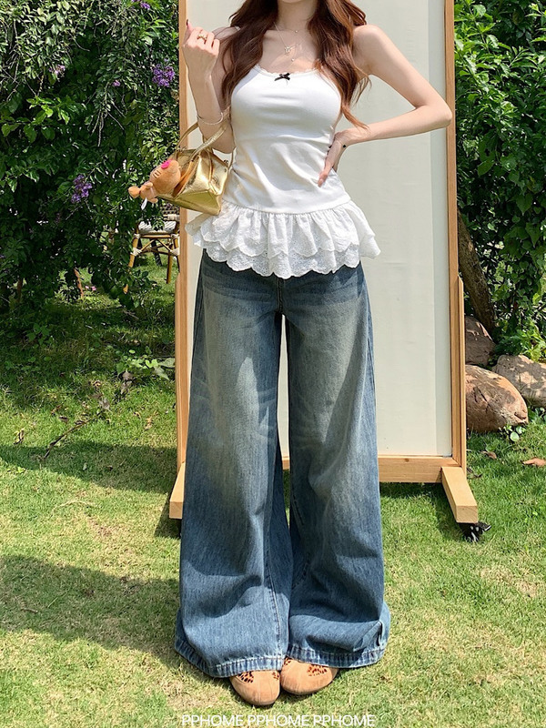 2025调性牛仔 复古水洗做旧牛仔裤垂感阔腿直筒显瘦长裤女百搭时|undefined