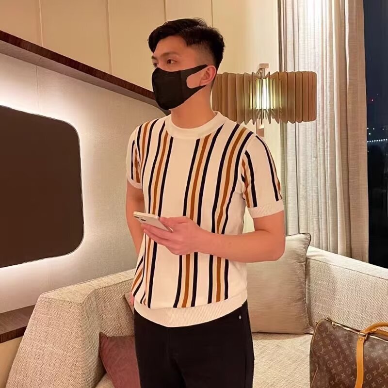 Men's Short-sleeved T-shirt Summer Simple Designer Geometric Color-matching Striped Crewneck Sweater Light Mature Style Top