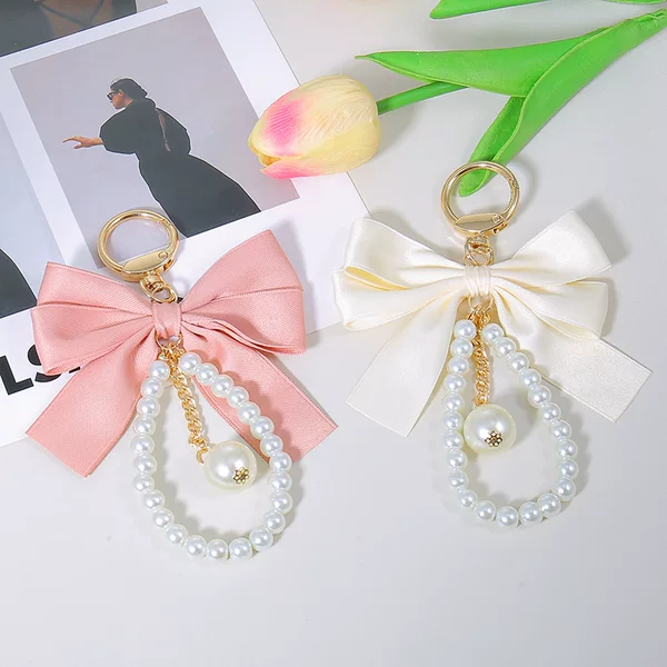 Cute Large Fabric Bow Pearl Chain Keychain Car Key Bag Pendant Decorative Mobile Phone Lanyard Women