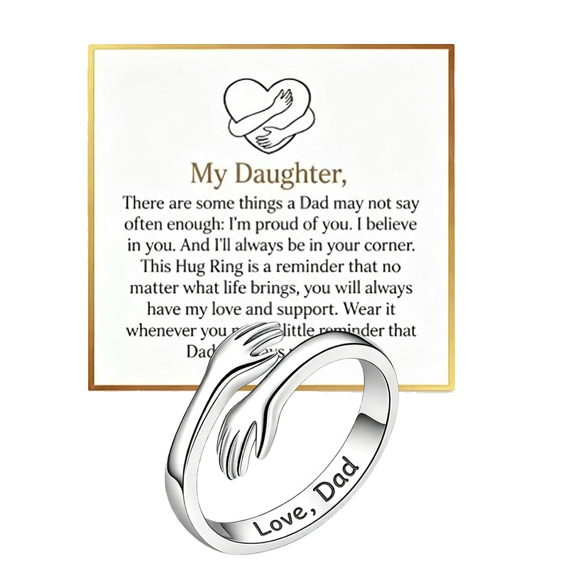 Stainless steel hugging hand ring with engraving "Always With You" and card, suitable for daughters, granddaughters, and loved ones