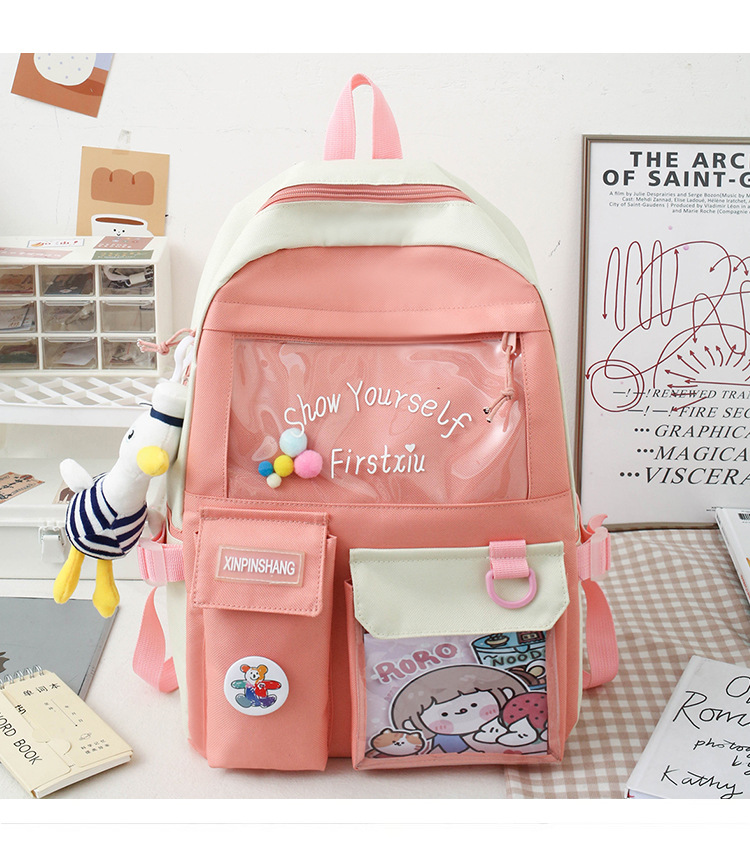 FourPiece Primary School Student Schoolbag New Ins Style Korean College Junior and Middle School Students Large Capacity Canvas Backpackpicture27