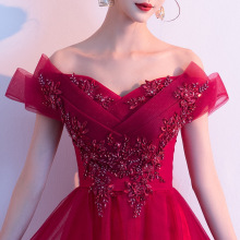 一字肩敬酒服新娘2025新款孕妇结婚礼服裙女酒红色订婚回门礼服裙