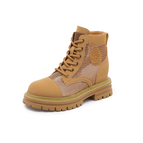 [High-definition silk cowhide] Women's Martin boots with increased height and permeable mesh, durable mesh rhubarb boots, thick-soled women's short boots