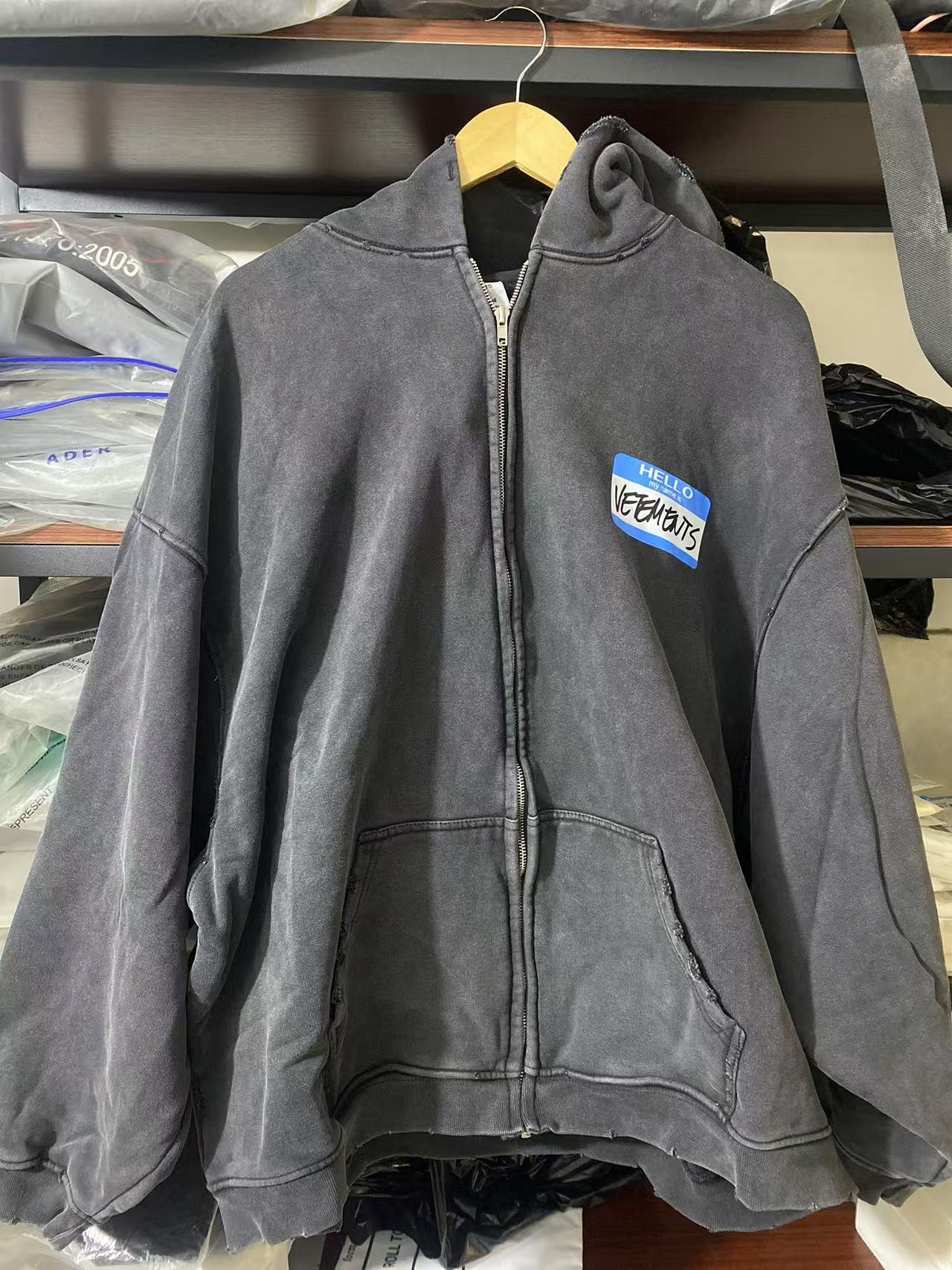 Vetements Hello My Name Is Zip-up Hooded Jacket Oversized Washed Black