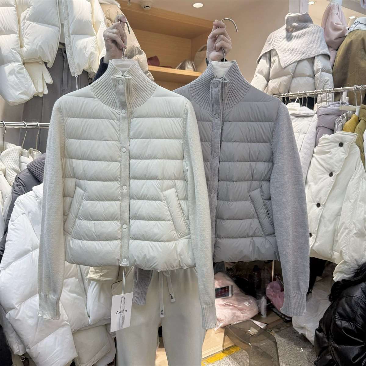Pinghu Autumn and Winter New Knitted Stand Collar Splicing 90 White Duck down Rib down Jacket Women's Warm and Light Base Jacket