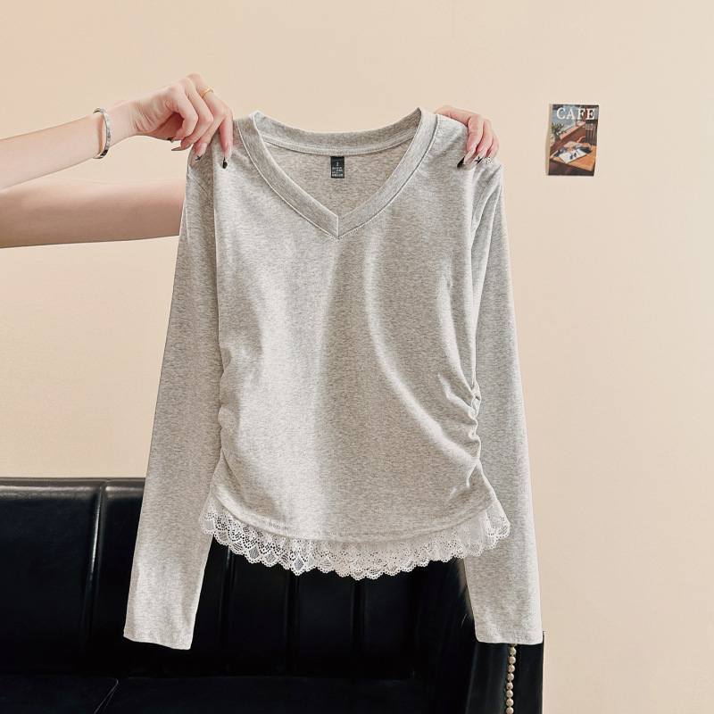 Real Shot [92% Cotton, 8% Spandex + Back Collar] Lace Trim Deep V-Neck Regular Shoulder Base Shirt T-Shirt for Women, Autumn Slim Fit