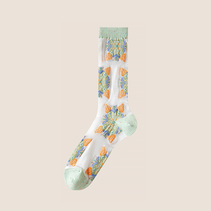 Calzini estivi sottili da donna 2025d 2025d, a metà polpaccio, alla moda, stile foresta floreale, in seta di vetro traspirante, calzini JK_voghion.com