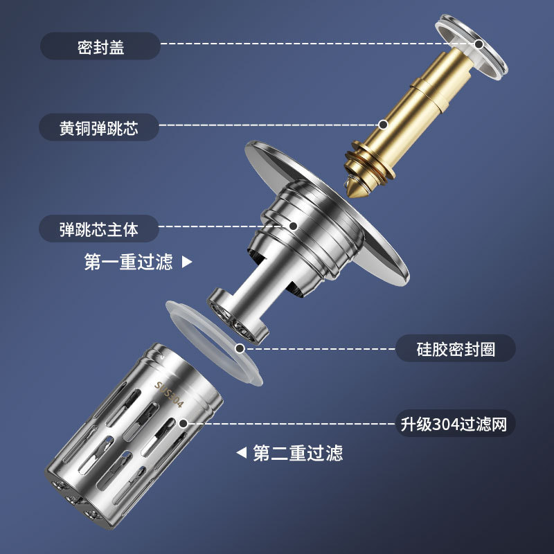 电镀美规小口径洗面盆弹跳芯下水器按压式洗手池塞子防臭过滤芯|undefined