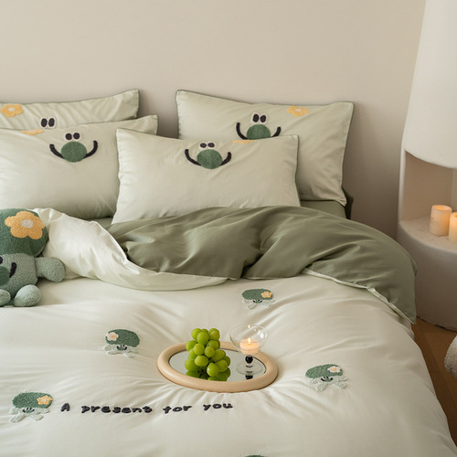 Category A mother and baby 100 count pure cotton four-piece set long-staple cotton satin cartoon embroidered quilt cover cotton bed three-piece set