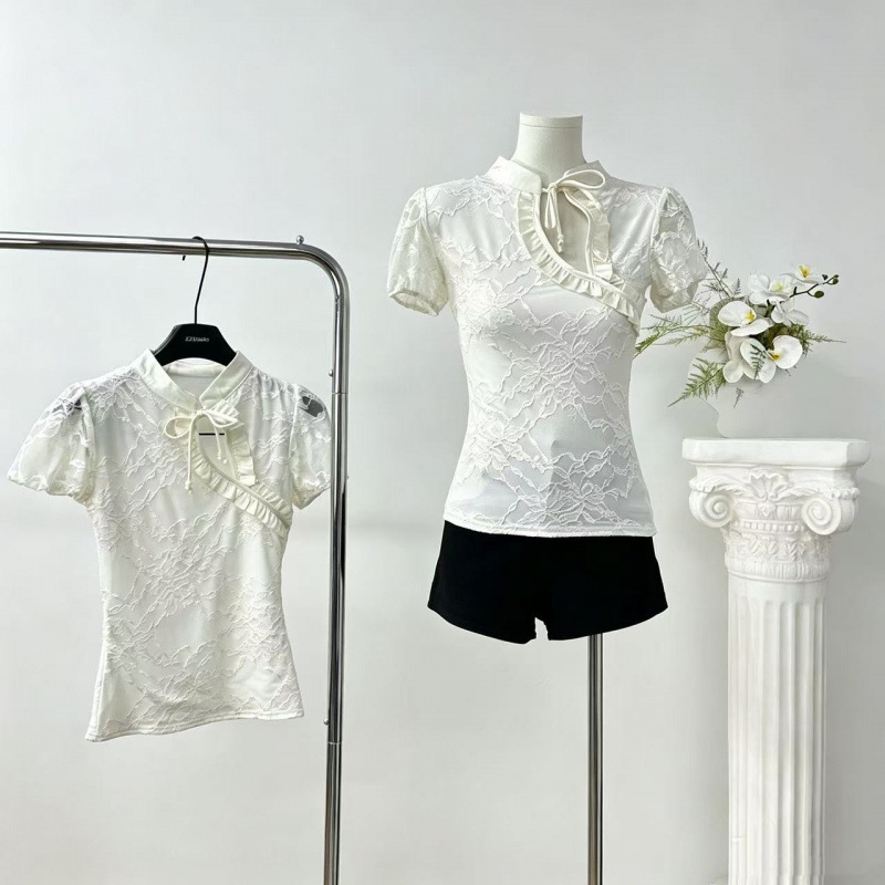 4muggle Western Singer Solid Color V-Neck Lace Short Sleeve T-Shirt for Women, Summer New Chinese Style Top 4muggle Western Singer Solid Color V-Neck Lace Short Sleeve T-Shirt for Women, Summer New Chinese Style Top