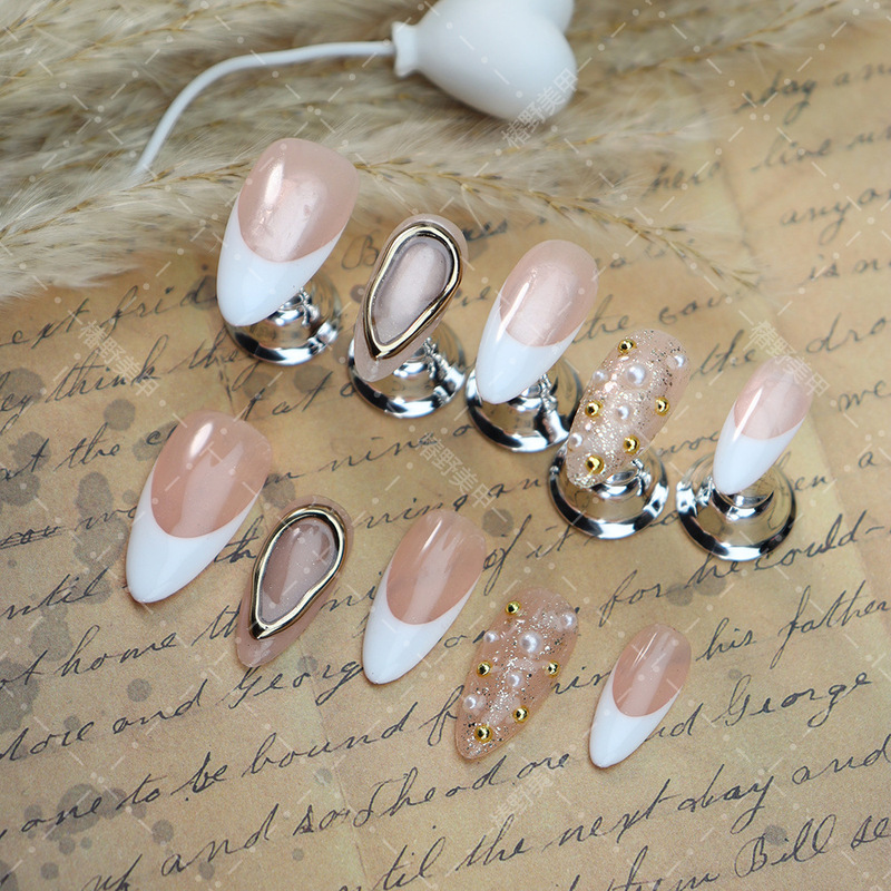 Simple Business Style French Manicure, European and American Fine Glitter Pearl Steel Beads Wearable Nail Pieces, Purely Handmade, Cross-Border