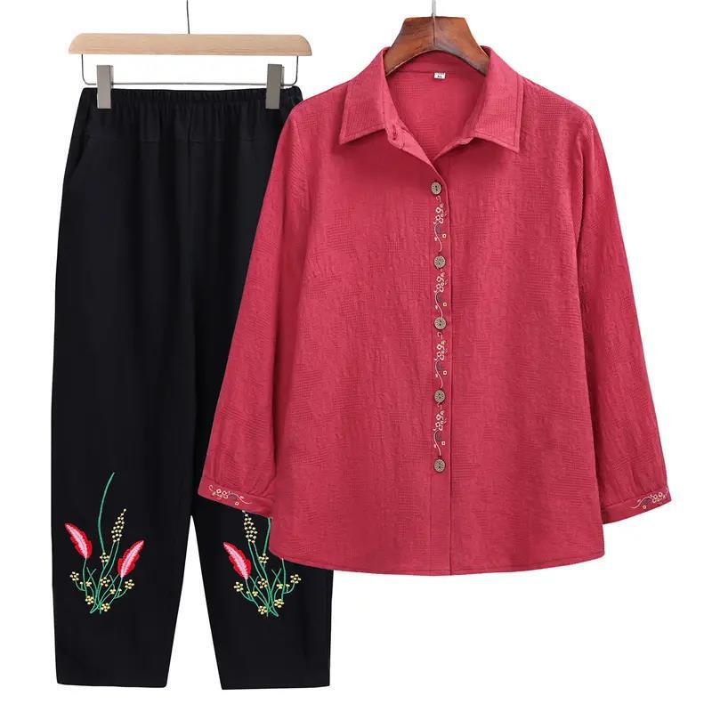 Mom's clothing summer suit Western style ethnic style long-sleeved T-shirt grandma's clothing middle-aged and elderly women's clothing thin two-piece suit