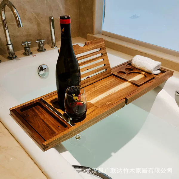 Acacia Wood Bathtub Storage Rack Light Luxury Bath Mobile Phone Tablet Wine Bracket Telescopic Bathroom Bath Bucket Bathroom Rack