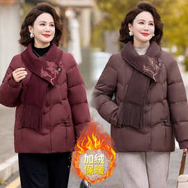 中老年女装冬季新款棉服时尚妈妈装加绒加厚棉服短款棉袄一件代发