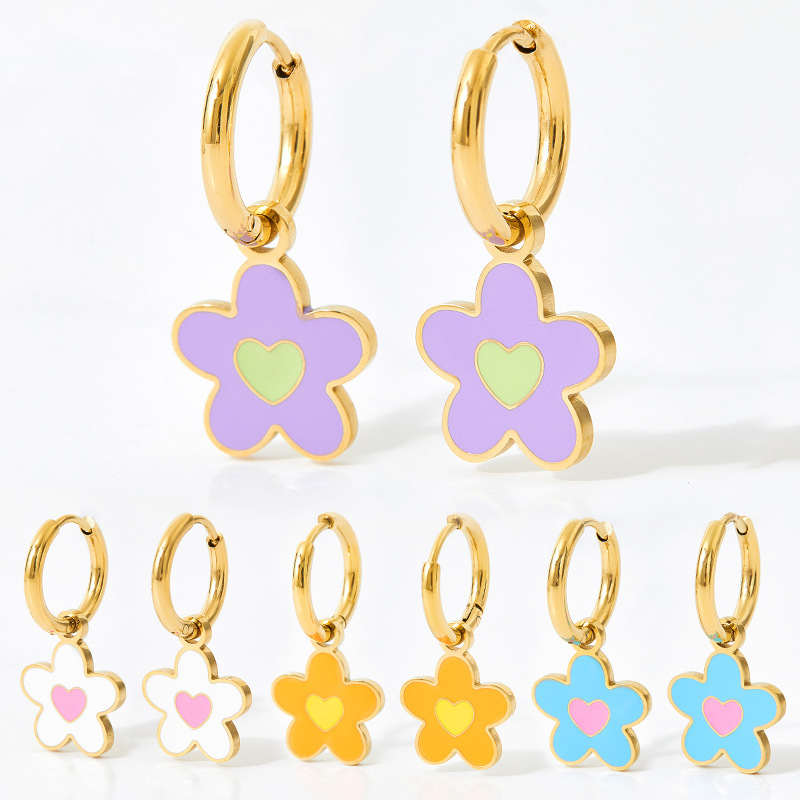 8g Weight PVD Coated Gold Plating Process 1 Pair Cute Flower Enamel Plating Stainless Steel Drop Earrings