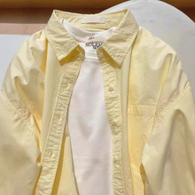 大码春秋新款轻奢甜美奶黄色纯棉薄款女宽松百搭遮肉长袖衬衣外穿