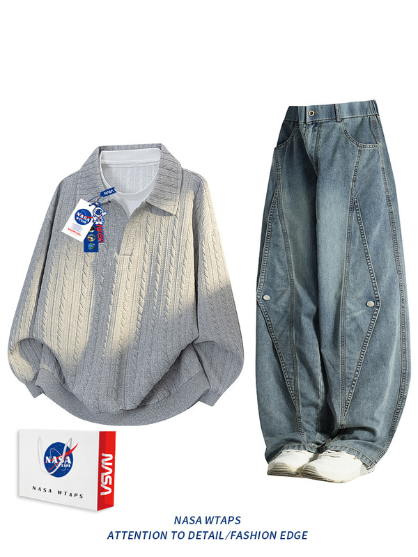 NASA ABOUT美式假两件polo衫卫衣牛仔裤套装男款秋季潮休闲两件套|undefined